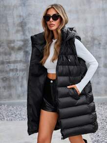 EURMUSE Slant Pockets Hooded Vest Puffer Coat - Black - View 1