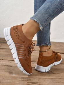 女士針織透氣綁帶極簡風格運動鞋 - 摩卡棕 - 查看 3