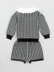2pcs/Set Fashionable Girls' Plaid Ruffle Collar Sweater Set, Spring & Autumn - Black - View 2