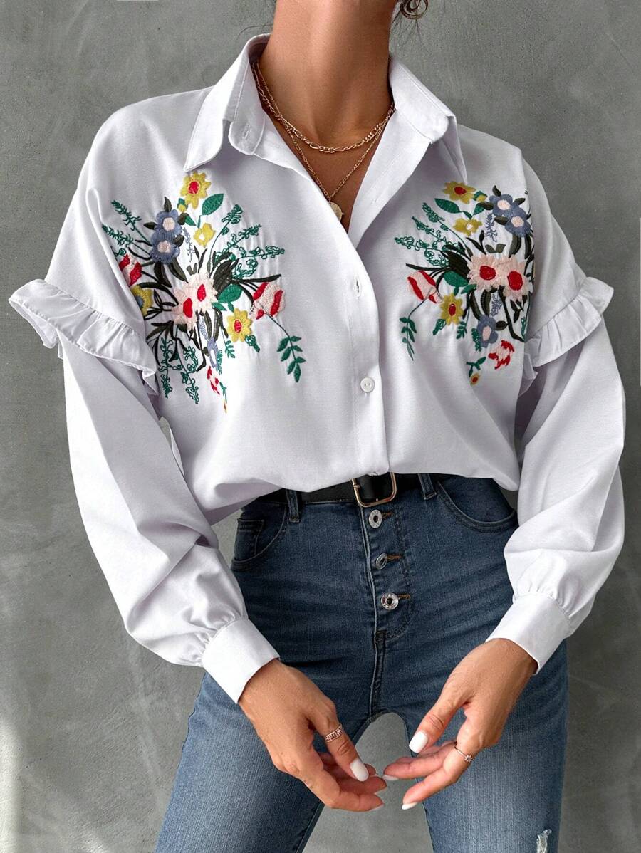 EURMUSE Floral Embroidery Ruffle Trim Drop Shoulder Shirt - White - View 1