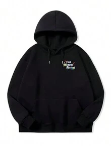 男士標語圖案抽繩連帽衫 - 黑色 - 查看 2