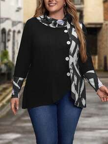 EMERY ROSE Plus Graphic Print Cowl Neck Asymmetrical Hem Tee - Black - View 5