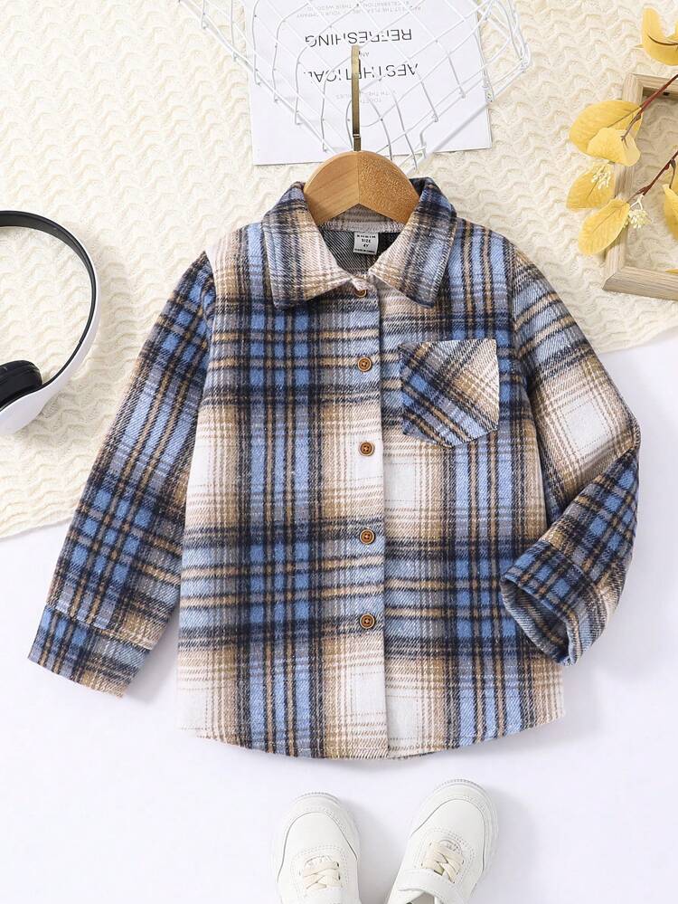 Young Girl Plaid Print Pocket Patched Overcoat