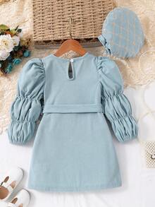 SHEIN Young Girl Embroidery Gather Sleeve Belted Dress With Hat - Grey - View 2