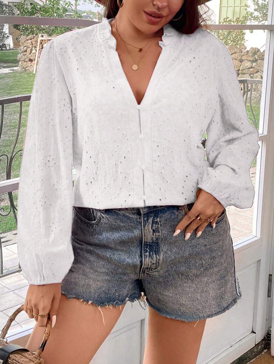 SHEIN LUNE Plus Eyelet Embroidery Lantern Sleeve Blouse - White - View 1