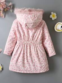 SHEIN 女大童豹紋印花毛茸邊連帽加絨內裏外套無毛衣 - 粉色 - 查看 2