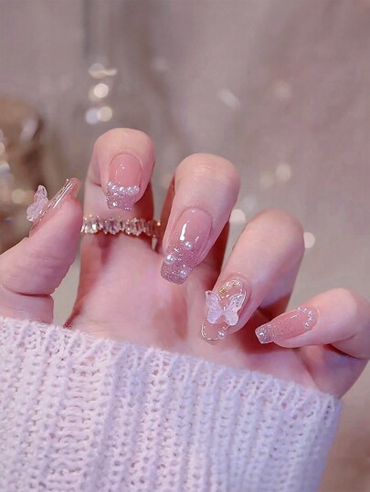 ROMWE Kawaii 24ピース ロング 棺 3D蝶々 デコレーション ネイルチップ