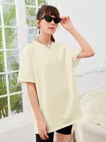 SHEIN Teen Girl Slogan & Cartoon Graphic Drop Shoulder Tee - Apricot - View 6