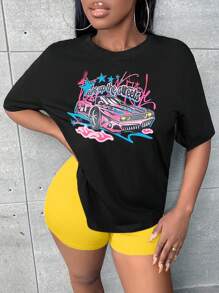 Slaydiva 汽車和字母圖案落肩T恤&騎行褲