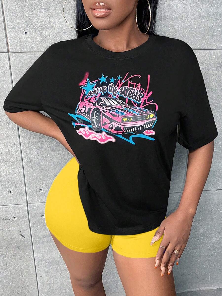 Slaydiva 汽車和字母圖案落肩T恤&騎行褲
