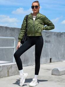 Eilly Bazar Zip Up Quilted Bomber Jacket - Army Green - View 6