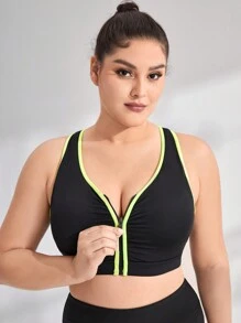 Yoga Basic Plus Contrast Binding Zip Up Sports Bra - Black - View 1