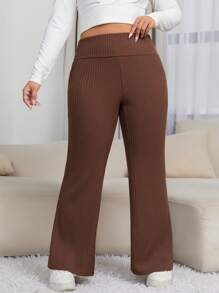 SHEIN EZwear 大碼高腰喇叭褲 - 棕色 - 查看 2