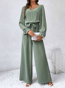 SHEIN Frenchy Contrast Lace Tie Back Flare Sleeve Wide Leg Jumpsuit Winter Elegant Green Christmas - Green - View 3