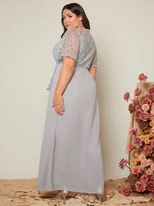 SHEIN Belle Plus Contrast Sequin Mesh Insert Butterfly Sleeve Split Thigh Bridesmaid Dress - Grey - View 2