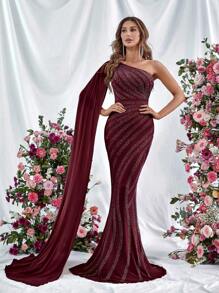 One Shoulder Extra-Long Sleeve Mermaid Hem Party Dress - Burgundy - View 5