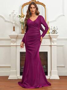 SHEIN Belle 交疊領褶邊魚尾裙下擺伴娘洋裝 - 紫色 - 查看 3