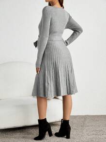 SHEIN Maternity Surplice Neck Belted Sweater Dress, For Winter - Grey - View 2