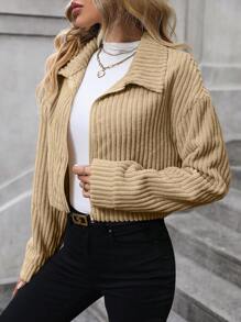 SHEIN LUNE Chaqueta de pana con cremallera y hombros caídos - Caqui - Ver 3