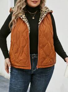 SHEIN LUNE 加豹紋拉鍊連帽背心絎縫外套 - 珊瑚橙 - 查看 6