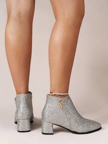 Silver Sequin Short Boots With Chunky Heel For Women, Fashionable Booties - Silver - View 5