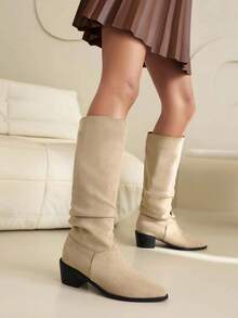 女性及膝靴,粗跟,多用途褶邊靴子 - 米色 - 查看 2