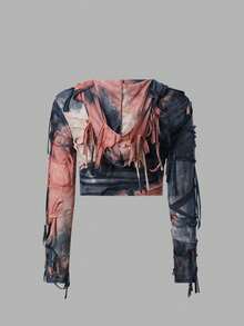 EgrlEra Tie Dye Ripped Drawstring Hoodie - Multicolor - View 2