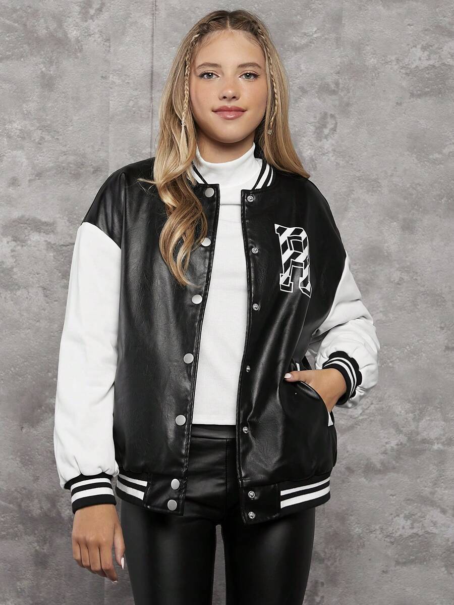 青少年女孩字母圖案條紋飾邊落肩袖PU皮革學院風夾克