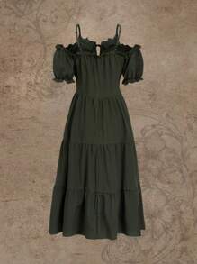 ROMWE Solid Cold Shoulder Ruffle Hem Dress - Army Green - View 2
