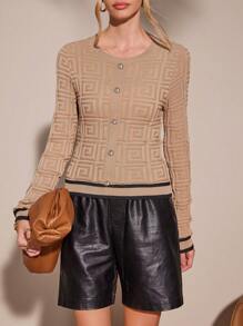 SHEIN Essnce 條紋飾邊前紐扣短款毛衣 - 彩色 - 查看 6