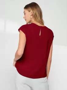 BizChic Áo sơ mi nữ tay cánh dơi bất đối xứng, màu trơn, kiểu dáng cơ bản phù hợp cho công sở, thời trang tối giản, thanh lịch, thích hợp cho văn phòng hoặc làm giáo viên. - Màu Đỏ Sâu - Xem 2