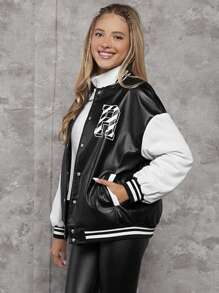 青少年女孩字母圖案條紋飾邊落肩袖PU皮革學院風夾克