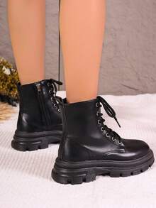 Botas con cordones y cinta con cremallera lateral para mujer, botas de moda negras punk - Negro - Ver 3