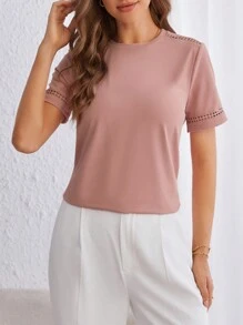 SHEIN Frenchy Solid Hollow Out Detail Tee - Pink - View 3