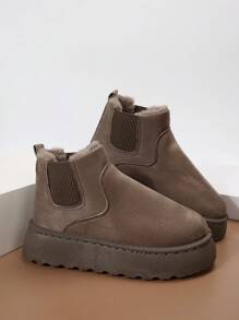 Women's Snow Boots,Women's outdoor warm thick-soled snow boots, solid color brown round toe Chelsea winter suede snow boots - Brown - View 4