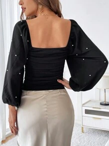 SHEIN Privé Pearls Beaded Square Neck Lantern Sleeve Ruched Side Crop Tee - Black - View 2