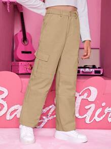 SHEIN Pantalones de carga holgados con bolsillo de solapa lateral de unicolor para niña preadolescente - Caqui - Ver 2
