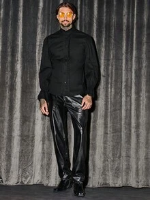 GENTILAND Men Flare Sleeve Frill Trim Mock Neck Shirt - Black - View 3