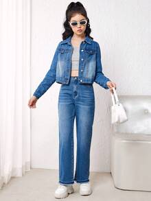 青少年女孩蝴蝶和字母圖案翻蓋口袋牛仔夾克 - 深色水洗藍 - 查看 3