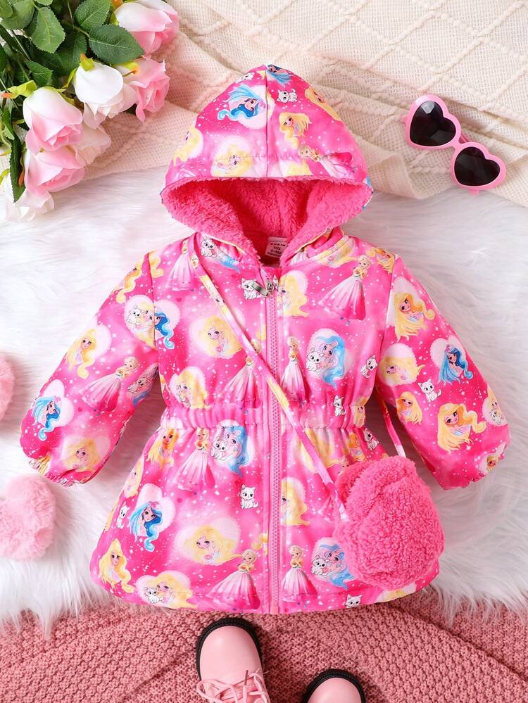 Baby Girl Figure Graphic Hooded Coat With Bag