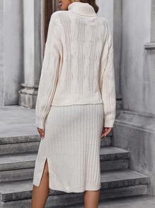 Chiquease Áo cao cổ Thả vai Áo len & Viền chia cắt Váy dệt kim - Màu be - Xem 2