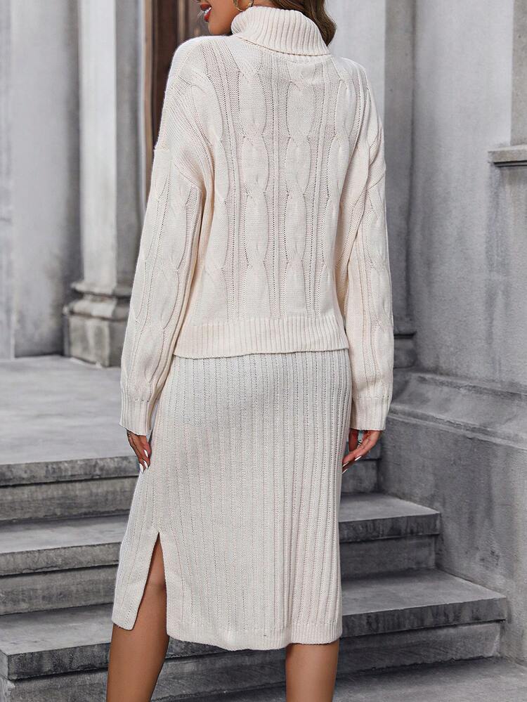 Turtleneck Drop Shoulder Sweater & Split Hem Knit Skirt Fall Cloth For Women