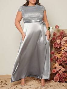 SHEIN Belle Plus Solid Belted Satin Dress - Light Grey - View 4