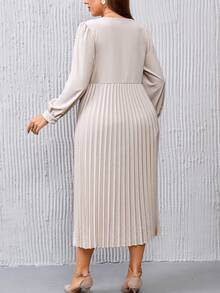 SHEIN Clasi Plus Lantern Sleeve Pleated Hem Belted Dress - Apricot - View 2