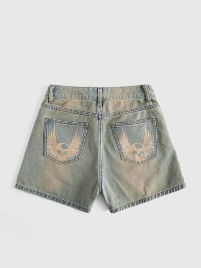 Fairycore Shorts Vaqueros De Mujer Con Diseño Estampado De Calavera Y Alas