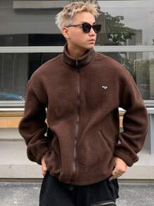 DAZY Men Letter Patched Drop Shoulder Teddy Jacket,Thermal Lined Fall,Winter - Brown - View 5