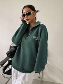 DAZY Letter Embroidery Zipper Front Drop Shoulder Sweatshirt,Fall Women Clothes - Dark Green - View 3