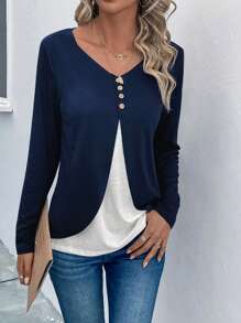 SHEIN LUNE Chi tiết nút hai tông màu 2 trong 1 Tee - Màu xanh hải quân - Xem 6