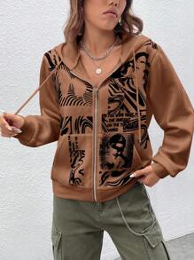 SHEIN EZwear 人像圖案拉鏈開襟抽繩連帽衫 - 咖啡棕 - 查看 1
