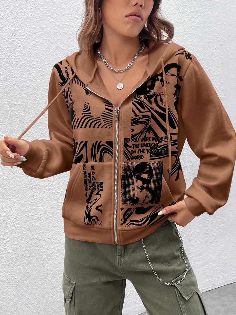 SHEIN EZwear 人像圖案拉鏈開襟抽繩連帽衫 - 咖啡棕 - 查看 1